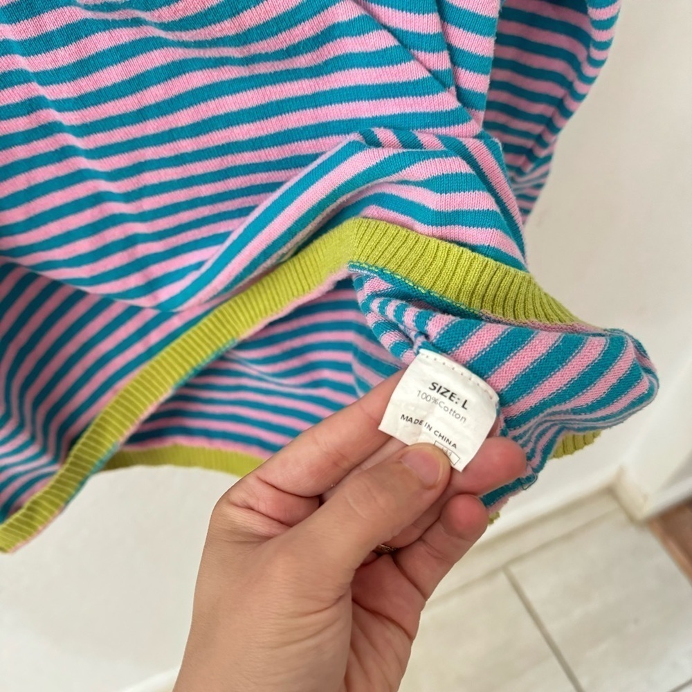 Pink blue green striped pull over loose knit sweater size large cotton - Picture 5 of 5